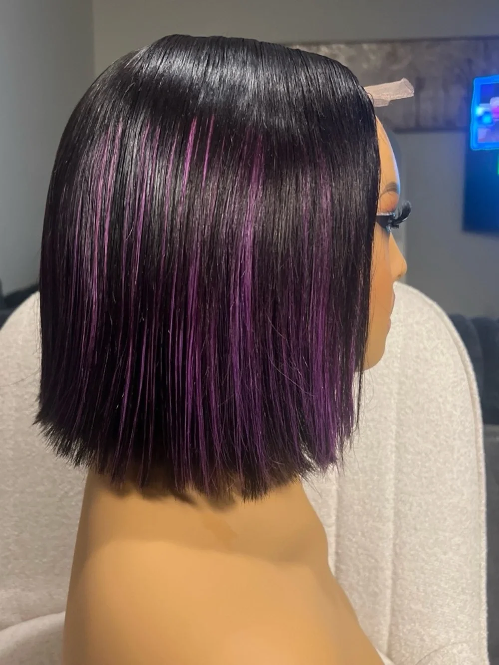 Short Bob Wig with Purple Highlights - Women's Hair